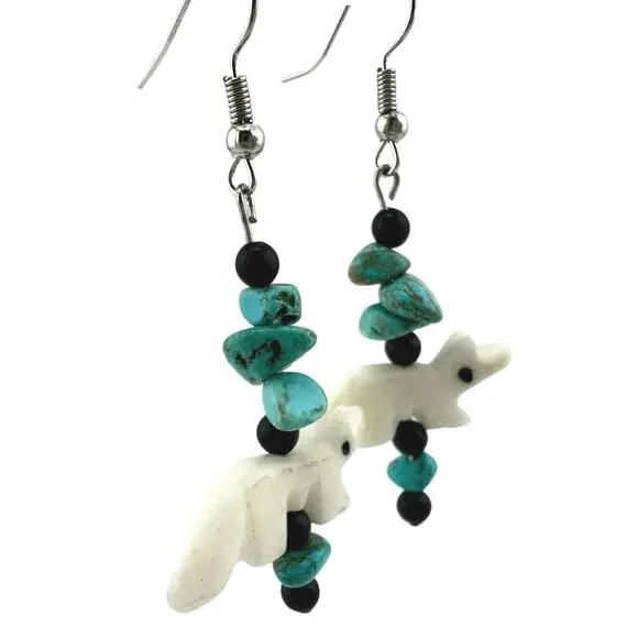 Handmade Upcycled Vintage Faux Turquoise Carved Wolf Fox Dangle Drop Earrings - Picture 4 of 4